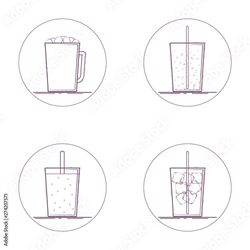 Vector set of beverage icons. Hot and cold drinks: marshmallow cocoa, hot chocolate in a mug, lemonade, sparkling water, smoothie in a glass. Line icon in circle. Isolated on white background.