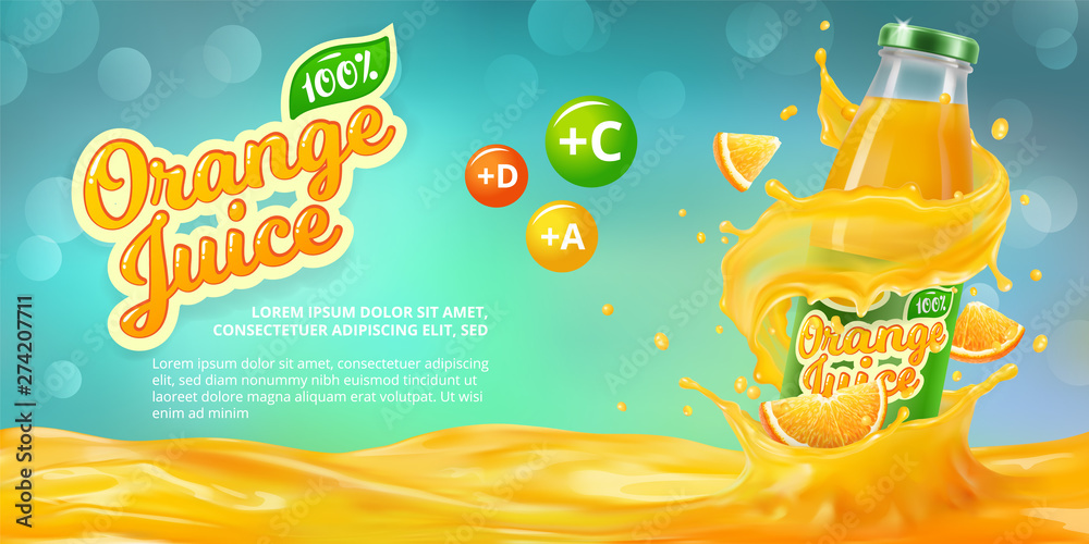 Horizontal banner with 3D realistic advertising of orange juice, a bottle in a splash of orange juice among the splashes and a logo