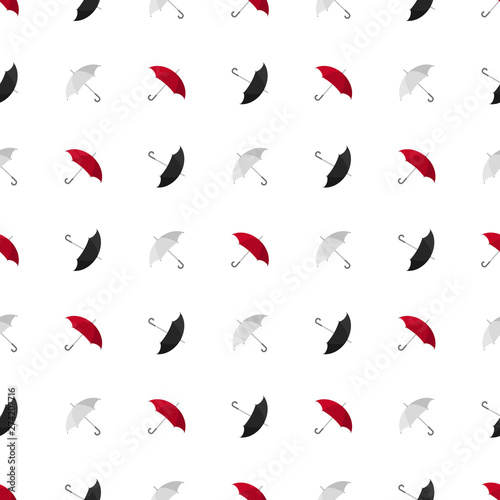 Seamless pattern with red, white and black umbrella icon on white background. Vector illustration for design, web, wrapping paper, fabric, wallpaper.