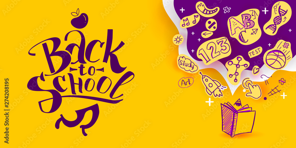 Back to School banner with line art icons of education, science objects on paper art cut out icons. Vector hand drawn doodle style illustration. Apple as symbol of education and ink drawings <span>plik: #274208195 | autor: appler</span>