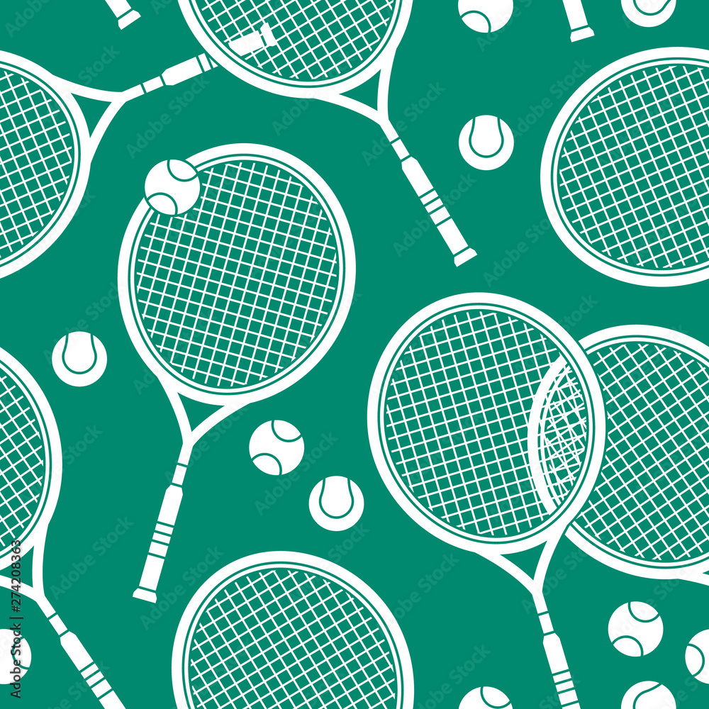 Sports theme seamless pattern.  White silhouettes of tennis rackets and balls.