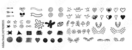 Vector set of hand drawn hearts, crowns, flora, geometric, abstract objects.