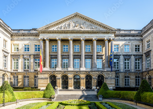Front view of the Palace of the Nation in Brussels, Belgium, seat of the Belgian Federal Parliament that shares the legislative power of the federal state with the King of the Belgians.