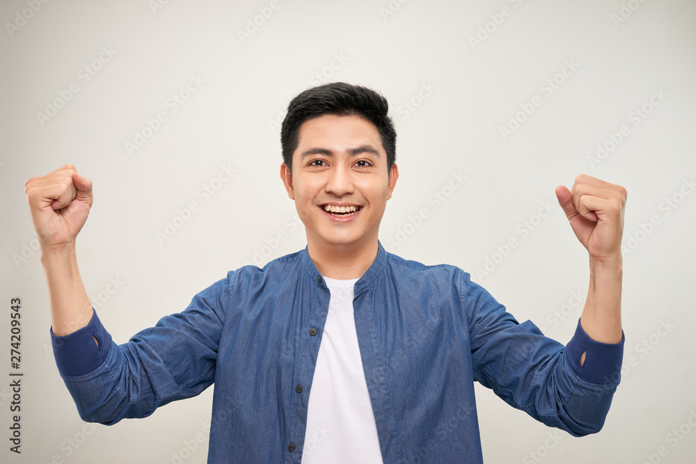 Cool asian man winner sign Cool asian man winner sign
