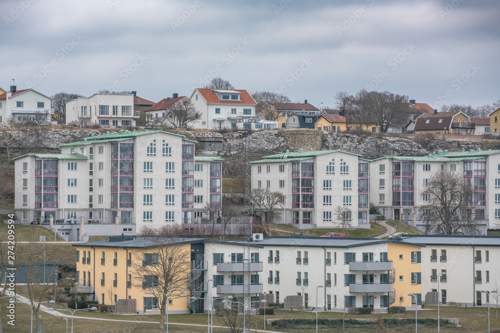 Picture of colored suburban apartment building. Scandinavian style Picture of colored suburban apartment building. Scandinavian style