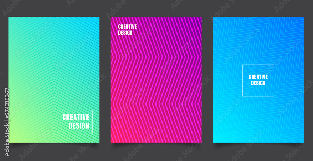 Set of abstract pattern background with lines gradient texture. Minimal dynamic cover design. blue, green placard poster template.