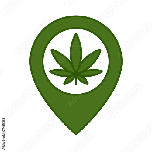 Marijuana leaf and map pointer. Isolated vector illustration on white background