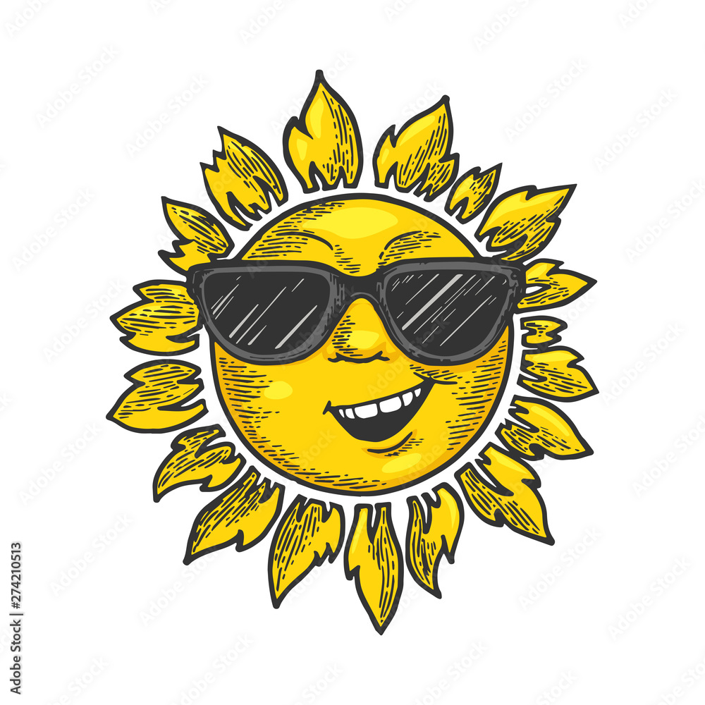 Cartoon sun with face in sunglasses color sketch engraving vector illustration. Scratch board style imitation. Black and white hand drawn image.