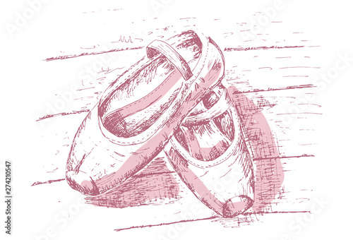 Hand-drawn pink pointed shoes with long ribbons vector illustration