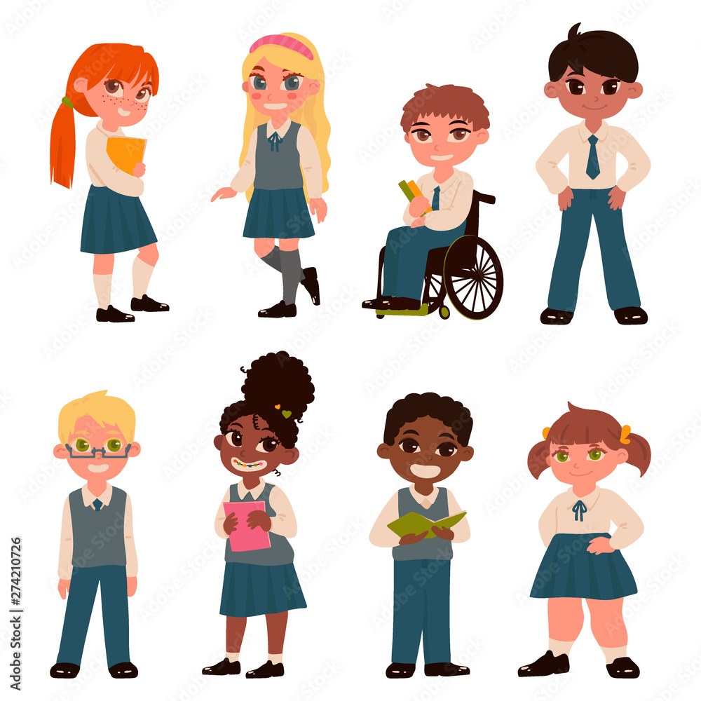 Set of schoolchildren characters isolated on white background. School uniform. Vector illustration Set of schoolchildren characters isolated on white background. School uniform. Vector illustration