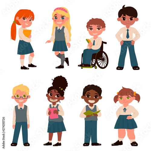 Set of schoolchildren characters isolated on white background. School uniform. Vector illustration