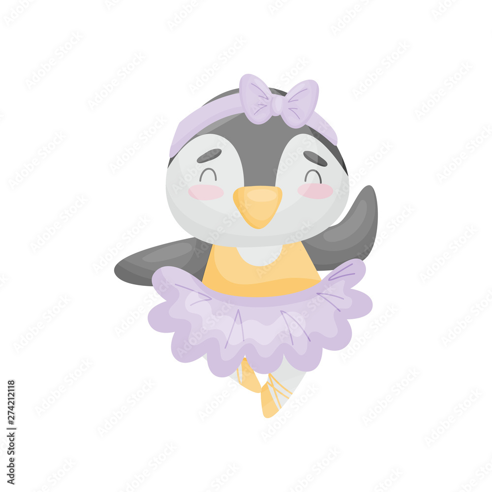 Humanized penguin in a dress of a ballerina. Vector illustration on white background.