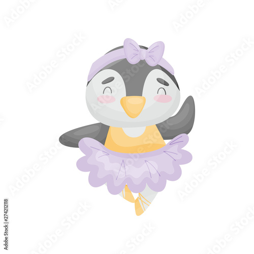 Humanized penguin in a dress of a ballerina. Vector illustration on white background.