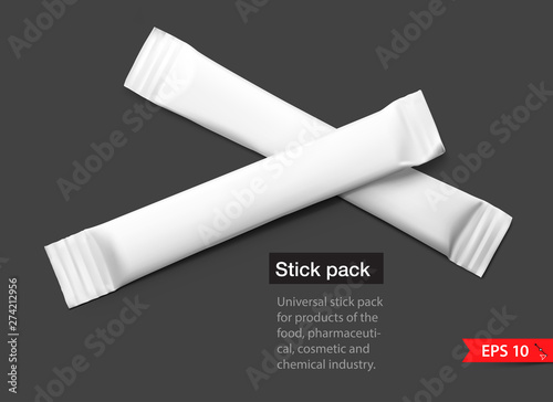 Realistic stick pack for products of the food and cosmetic industry on black background. Possibility use for granulated, powder products. Coffee, 3 in 1, sugar, Vector illustration. EPS10