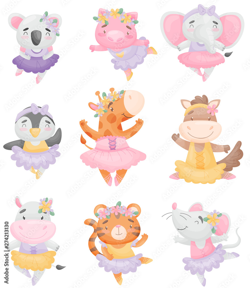 Cute cartoon animals in ballerina dresses. Vector illustration on white background.