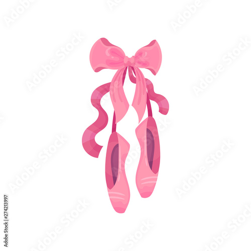 Pair of pointe shoes hanging on the tape. Vector illustration on white background.