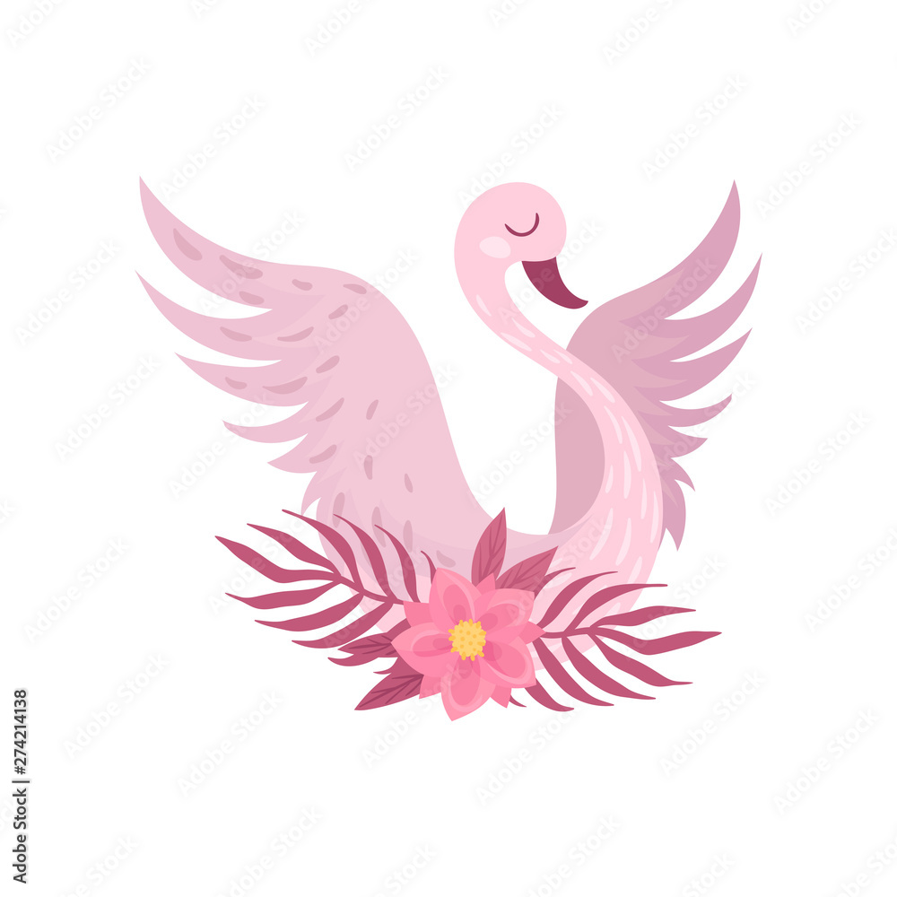 Obraz premium Pink swan on the composition of leaves and flower. Vector illustration on white background.
