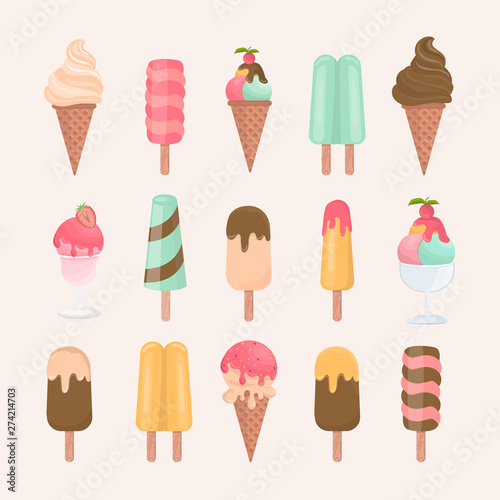 ice cream cone and bar. pastel and colorful icecream isolate on pink. vector illustration