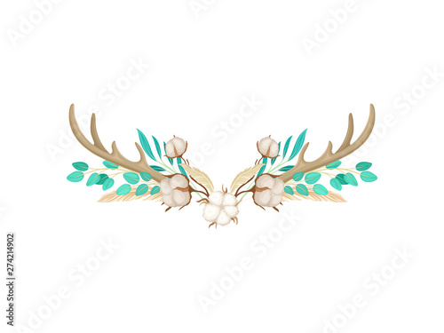 Two deer horns with cotton. Vector illustration on white background.