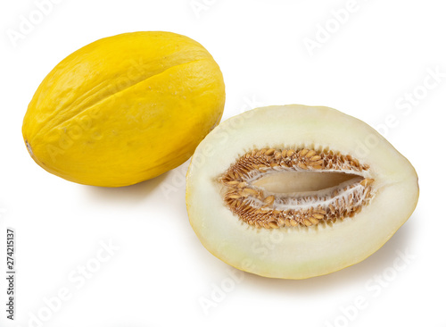 whole and slice of japanese melons, orange melon or cantaloupe melon on white background - melone di Cantalupo melone Giallo Paceco melone Verde Purceddu d'Alcamo photo