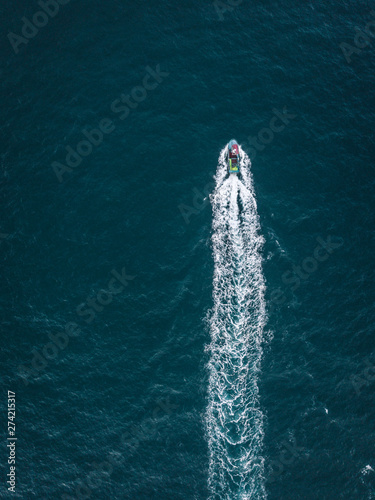 small fishing trawler from above off the coast of Galicia