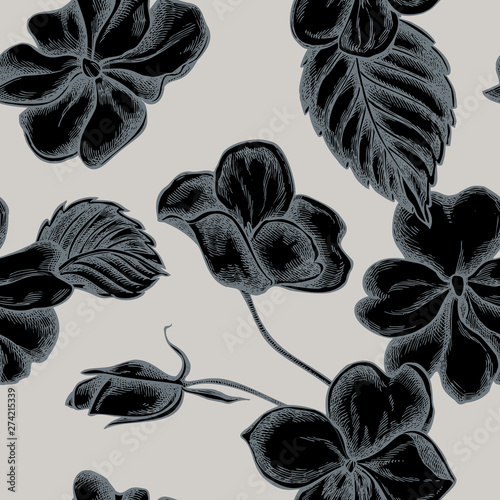 Seamless pattern with hand drawn stylized impatiens