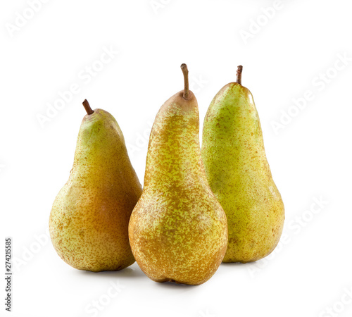 Abate Fetel Pears, Isolated on White Background – Arranged Group of Three European Pears, Green Abbé Fetel Cultivar – Detailed Close-Up Macro on Skin, High Resolution