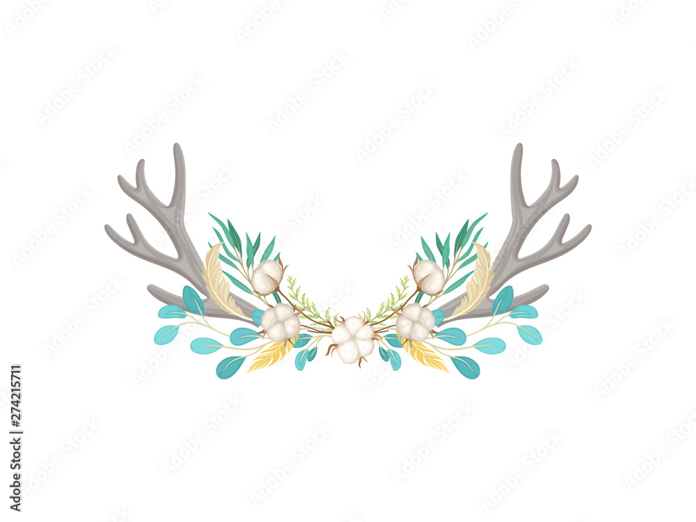 Fototapeta premium Dwa duże rogi z dojrzałej bawełny. Ilustracja wektorowa na białym tle.