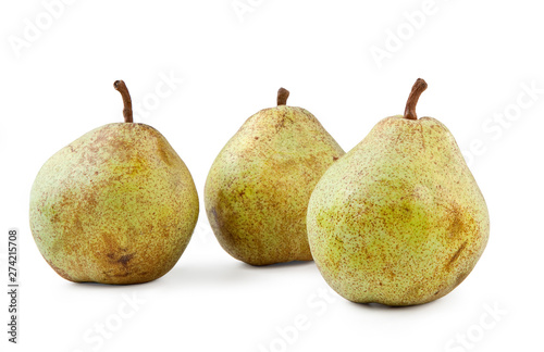 Decana Pears, Isolated on White Background – Arranged Group of Three Round Green Pears of Italian Cultivar from Emilia Region – Detailed Close-Up Macro on Skin, High Resolution