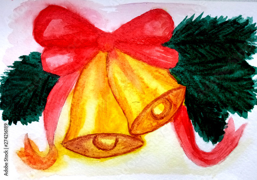 Bell new year christmas tree watercolor illustration