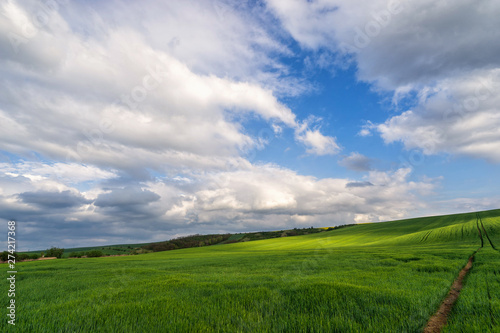 Scenic view of beautiful country landscape. Clouds passing above rural fields in South Moravia  Czech Republic.