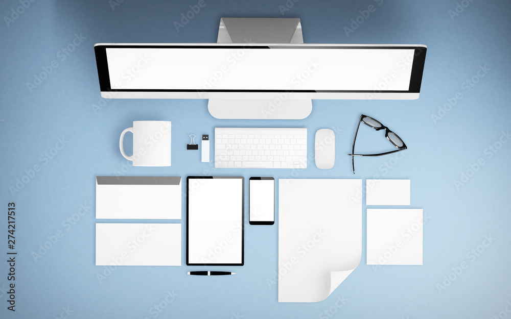top view of devices and branding mockup top view of devices and branding mockup