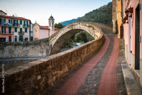 Narrow pedestrian street and the bridge in the old town of Dolceacqua  Imperia province  Liguria region  Italy