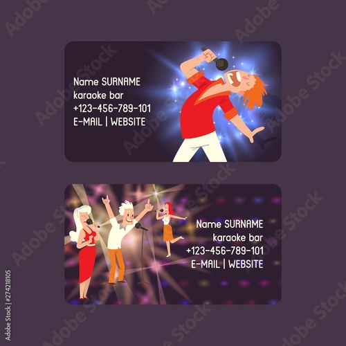 Karaoke bar set of business cards vector illustration. People singing and dancing in karaoke. Women and men having fun, performing with microphone. Singer star. Contact information.