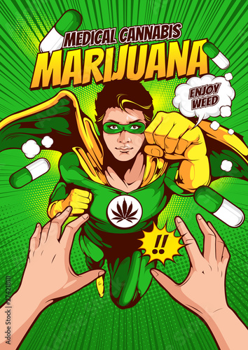 Men in superhero costumes are fighting on book covers, marijuana banner, enjoying weeds, comic book cover template on red background, flyer brochure speech bubbles, doodle art, Vector illustration, yo