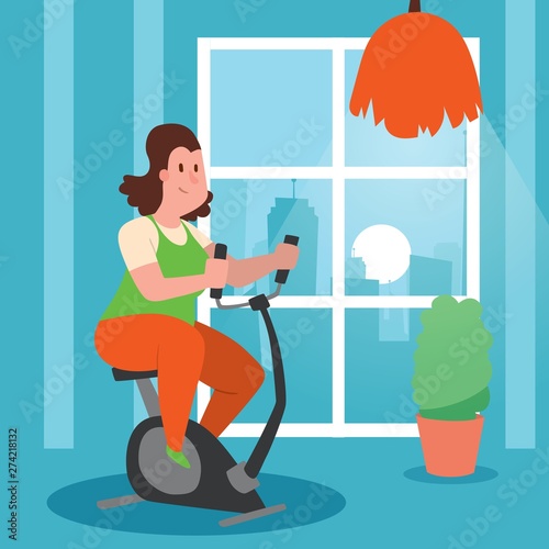 Girl with overweight doing exercises banner vector illustration. Woman training to lose weight. Exercise bike at home. Fat female dieting, doing fitness. Get rid of fat belly.