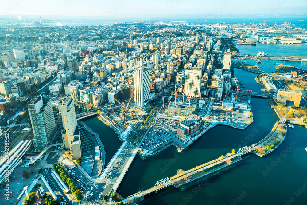 modern city skyline aerial view in Yokohama, Japan
