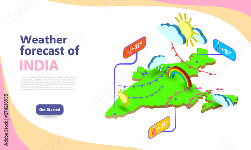 Weather forecast map of India. Isometric set icons location on country. Vector widgets layout of a meteorological application. Illustration of meteo pictograms for web, graphic, infographic design