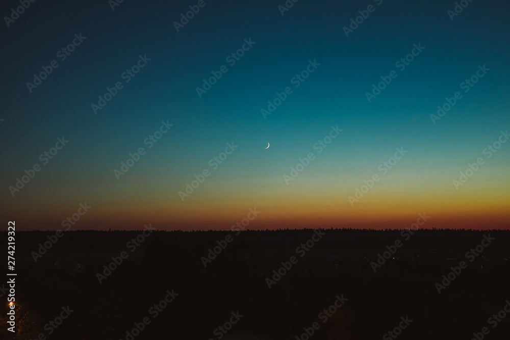 Late evening sky and landscape. Calm summer scenery night. Camping in wilderness. Sunset, sunrise in park. Scenic, picturesque view backdrop, background. Wild forest at nighttime