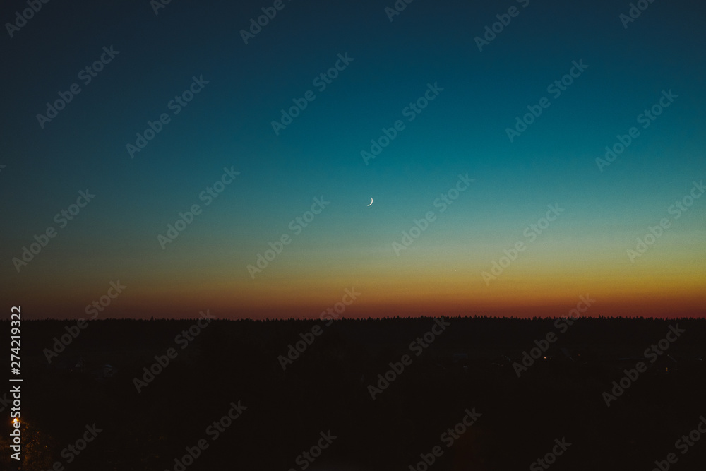 Obraz premium Late evening sky and landscape. Calm summer scenery night. Camping in wilderness. Sunset, sunrise in park. Scenic, picturesque view backdrop, background. Wild forest at nighttime