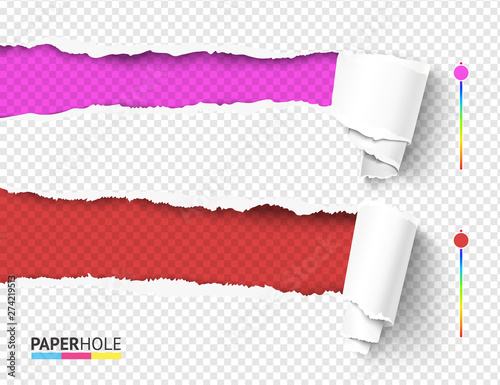 Set of vector rip edge banner concepts with tear paper curled pieces isolated for scrapbooking or ad. Empty realistic torn paper scrolls and holes on transparent background for sale poster.