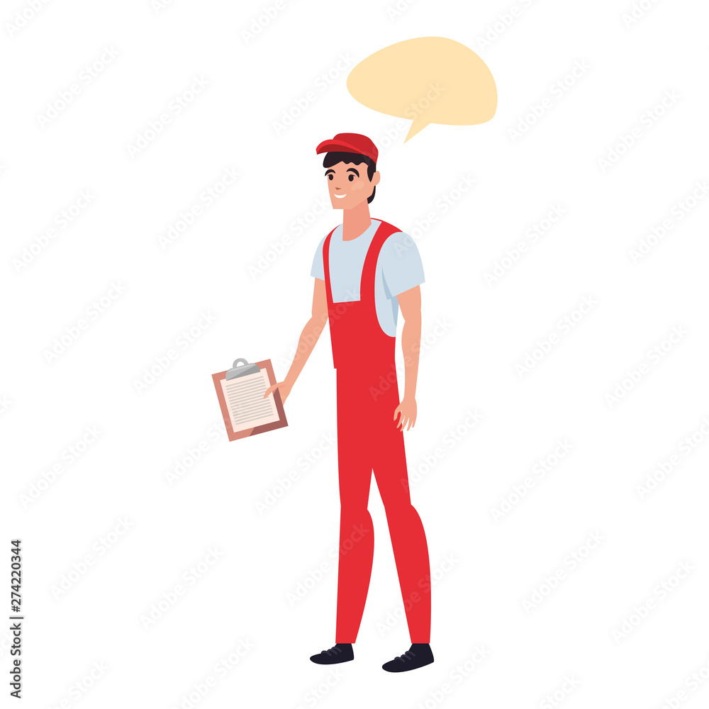 delivery man with clipboard talk bubble
