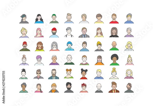 Big set of people avatars. Line art fashionable girls and guys. Icons collection. Heads of male and female cartoon characters with various hairstyles and accessories isolated on white background.