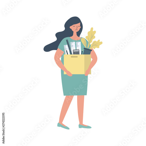 Office worker with a box of stationery in the hands. Sad young woman holding office supplies. Concept: employee was fired, lost his job. Funky flat style. Vector illustration