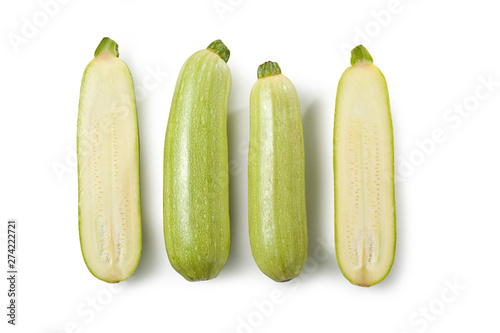 Zucchini – White "Zucchine" from Italy, Marrow Squash, Courgette – Cut Open, Seeds Detail – Top View Macro – Isolated on White Background