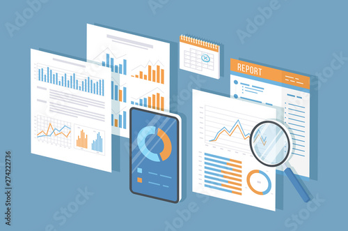 Mobile auditing, data analysis, statistics, research. Phone with information on the screen, documents, report, calendar, magnifier. Growing charts and graphics. Isometric 3d vector illustration.