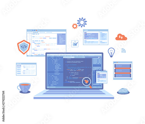 Web Development Programming Coding. laptop with program code on the screen, virtual screens, infographic elements  icons. Bug fixing. landing page template or web banner. Vector illustration on white