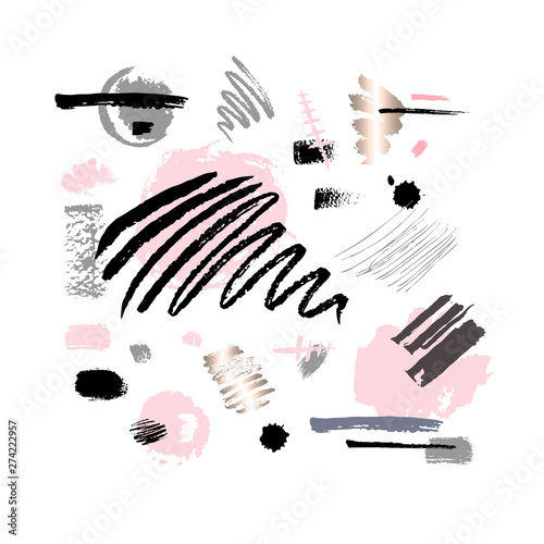 Abstract poster pastel makeup strokes. Set beauty cosmetic nude brush stains smear make up lines collection lipstick swatches texture isolated pink gold paint line golden foil texture. photo