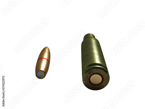 pistol cartridge 5.45x39 mm, Russian and Soviet army, isolated. 3d rendering