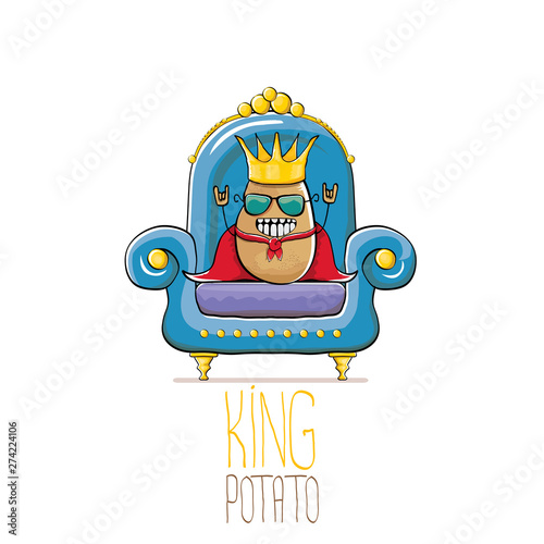 vector funny cartoon cute brown smiling king potato with golden royal crown and red mantle or cape sitting on blue throne isolated on white background. vegetable funky food drawn character